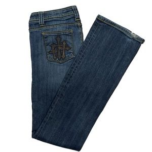 127) Rare Sinful Denim Jeans with Leather Cross Detail